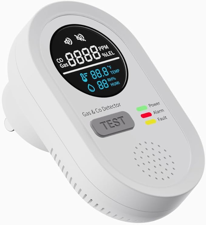 4-in-1 Gas and Carbon Monoxide Detectors, Detectors Plug in, Temperature and Humidity Monitoring, Audible Light Effect Alarm, Gas Monitor Sensor Suitable for Kitchen, RV, Apartment (1, White)