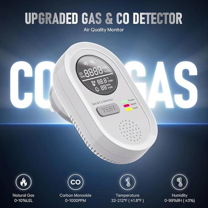 4-in-1 Gas and Carbon Monoxide Detectors, Detectors Plug in, Temperature and Humidity Monitoring, Audible Light Effect Alarm, Gas Monitor Sensor Suitable for Kitchen, RV, Apartment (1, White) - Image 2