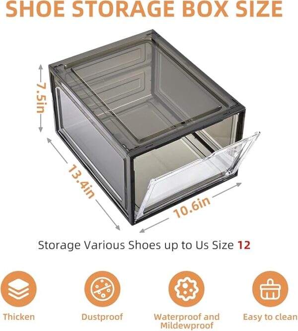 Large Shoe Boxes Clear Plastic Stackable，Drop Front Shoe Box with Clear Door, Shoe Containers For Sneaker Display,Fit up to US Size12 (black clear, 6 pack) - Image 3