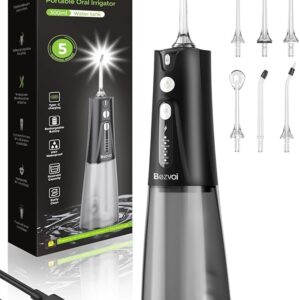 Water Flosser Teeth Pick: 5 Modes Cordless Water Dental Floss 300ML Portable Rechargeable IPX7 Waterproof Electric Water Flossing Cleaning Picks with 6 Jet Tips Oral Irrigator Cleaner, Black