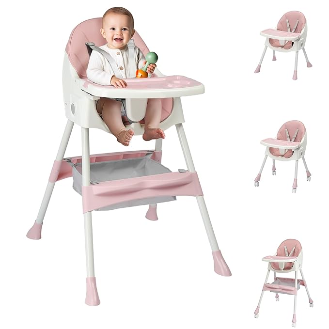 Ktaxon Foldable Baby High Chair, 2-in-1 Portable Convertible Highchair with Removable Dual-Layer Tray, 5-Point Safety Harness and Storage Bag for Toddlers & Babies, Pink