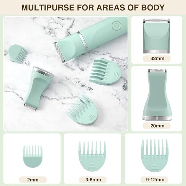 Waterproof Bikini Trimmer Women Electric Razor for Pubic Hair Women's Foil Shaver Rechargeable Shaver Removal with Snap-in Ceramic Blades IP7X Washable Head,Wet and Dry Use,Green - Image 3