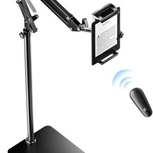Floor Stand for Kindle with Remote Page Turner, Tablet Stand for Reading in Bed with Clicker – for Kindle Paperwhite, Oasis, iPad, iPhone and More, Black Page Turner