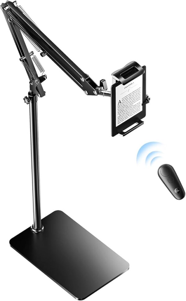 Floor Stand for Kindle with Remote Page Turner, Tablet Stand for Reading in Bed with Clicker – for Kindle Paperwhite, Oasis, iPad, iPhone and More, Black Page Turner