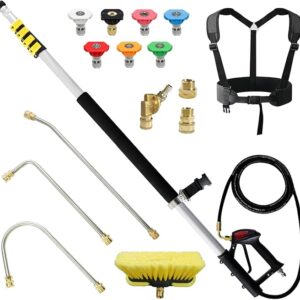 janz 24 FT, Aluminum Telescoping Pressure Washer Wand with 2 Pressure Washer Extension Wands,Gutter Cleaner Attachment, 7 Spray Nozzle Tips, 2 Hose Inlet Adapters, Pivoting Coupler and Support Harness