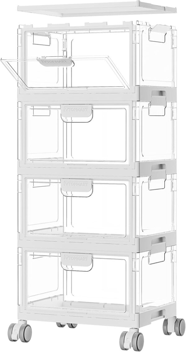 Vtopmart 4 Tier Plastic Storage Bins with Lid 24QT,Clear Stackable Closet Organizers and Storage with Wheels,Foldable Plastic Organizer Bins