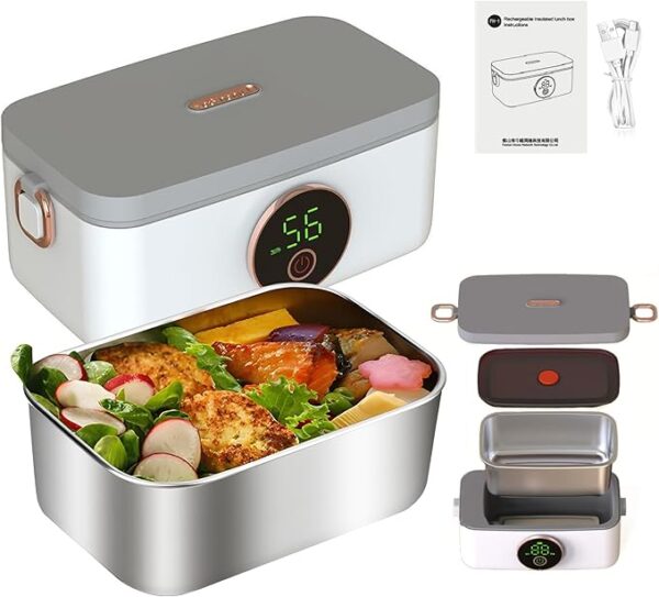 Cordless Electric Lunch Box for Men Adults,Portable & Self-Heating Food Warmer,1L SS Container,Perfect for Travel/Office/Car/Construction Site,5-Speed Smart Timer