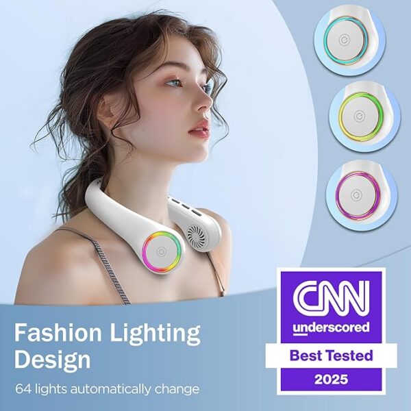 Portable Neck Fan, Personal Fan with 4000mAh Battery, Rechargeable Neck Fan with 3 Speeds and 64 Cool Lights, Birthday Gifts for Men Women Mom Dad, - Image 2