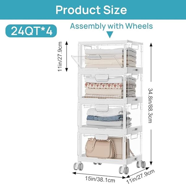 Vtopmart 4 Tier Plastic Storage Bins with Lid 24QT,Clear Stackable Closet Organizers and Storage with Wheels,Foldable Plastic Organizer Bins - Image 2