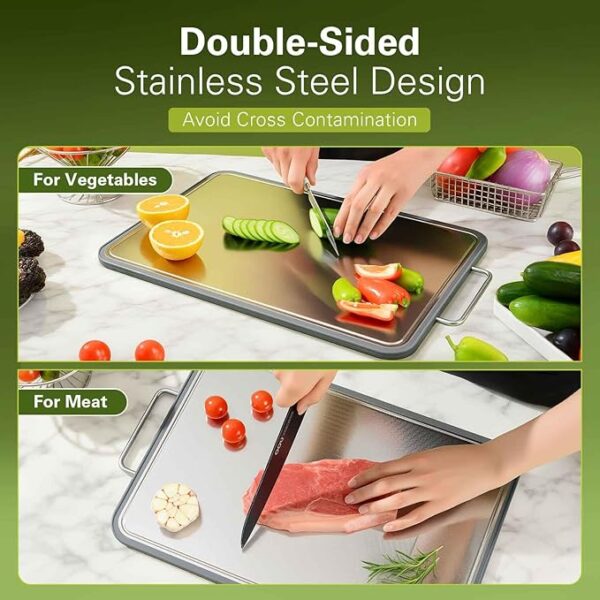 Double-Sided Stainless Steel Cutting Board for Kitchen, 19''×11.1'' Scratch-Resistant Cutting Board for Meat, Vegetables & Fruits, - Image 2