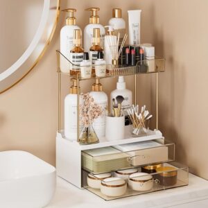 4-Tier 2-Drawer Bathroom Organizer Counter Organization, Multi-Purpose Makeup Skincare Organizers with Compartment, Easy to Install, Exquisit Vanity Shelves, Amber