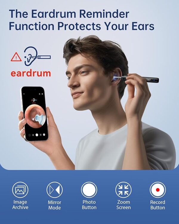 Ear Wax Removal Tool Camera, Ear Cleaner with Camera, Ear Scope, Earwax Removal Kit with Otoscope, Ear Canel Cleaning 6 LED Lights 12 Ear Pickers, 1296P HD Black - Image 3