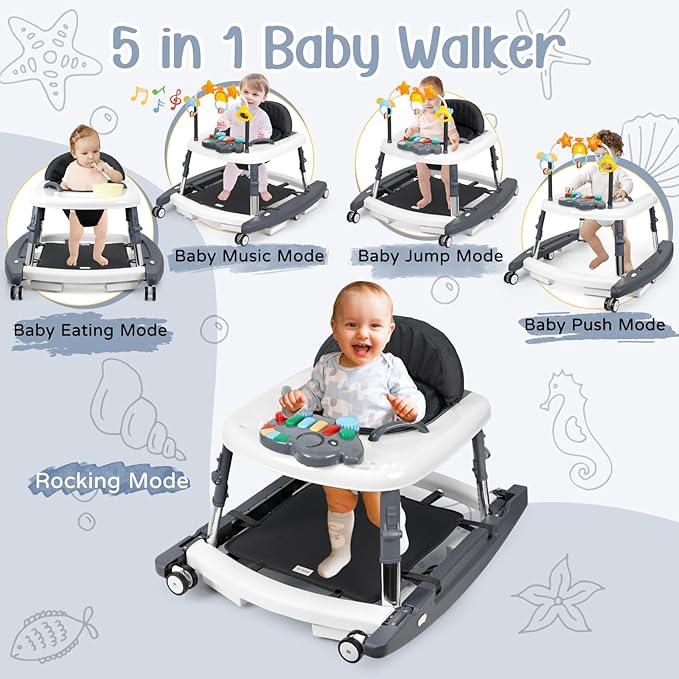 5-in-1 Music and Lights Baby Walker Foldable with 5 Adjustable Heights, Baby Walker with Wheels and Bouncer Combo Portable, Infant Toddler Walker for Baby Boy Girls 6-18 Months - Image 3