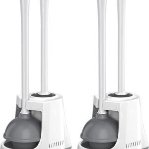 Toilet Plunger and Brush, Bowl Brush and Heavy Duty Toilet Plunger Set with Ventilated Holder, 2-in-1 Toilet Brush and Plunger Combo for Bathroom Cleaning（2 Pack, White）