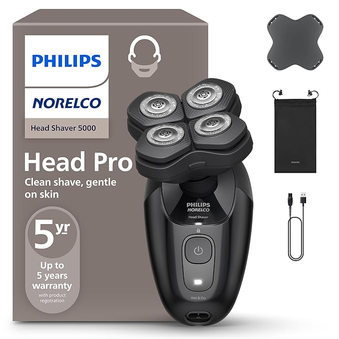 Philips Norelco Head Shaver Pro 5000 Series - Skull Shaver for Men and Women, 360° Flexing Head & ComfortCut Blades for Clean Shave, Gentle on Skin, Model HS5980/40