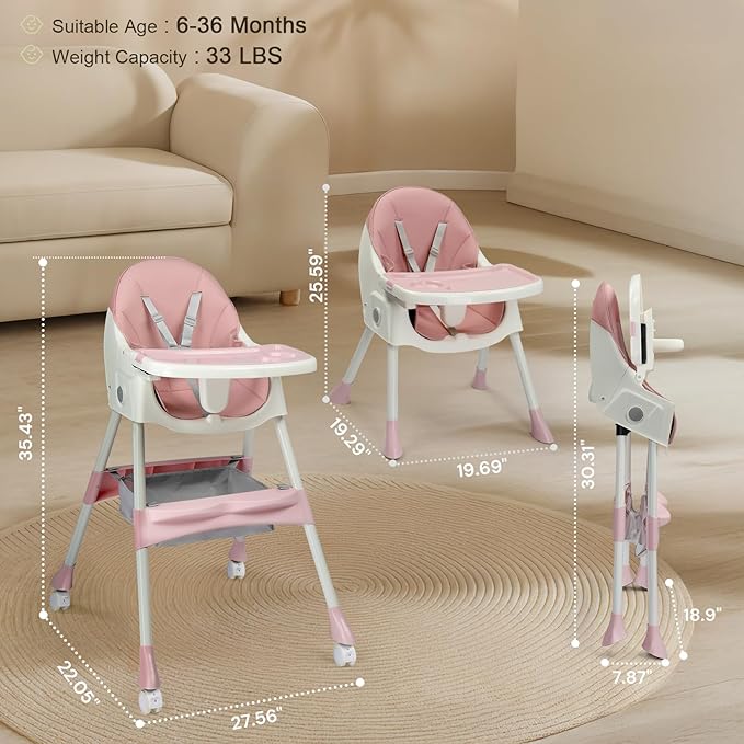 Ktaxon Foldable Baby High Chair, 2-in-1 Portable Convertible Highchair with Removable Dual-Layer Tray, 5-Point Safety Harness and Storage Bag for Toddlers & Babies, Pink - Image 3