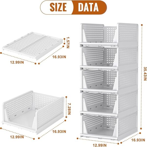 Neprock Clothes Organizers and Storage, 5 Pack Stackable Plastic Bins, Foldable Closet Organizers Drawers for Clothing storage (5L)（White） - Image 2