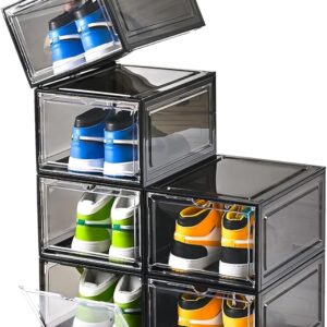 Large Shoe Boxes Clear Plastic Stackable，Drop Front Shoe Box with Clear Door, Shoe Containers For Sneaker Display,Fit up to US Size12 (black clear, 6 pack)