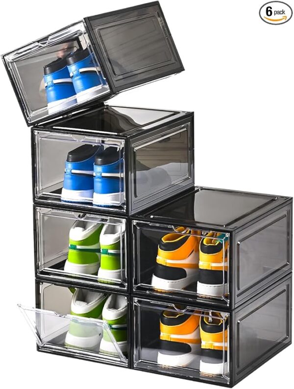 Large Shoe Boxes Clear Plastic Stackable，Drop Front Shoe Box with Clear Door, Shoe Containers For Sneaker Display,Fit up to US Size12 (black clear, 6 pack)