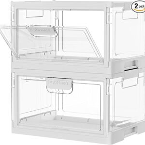 Vtopmart 2 Pack Stackable Storage Bins with Lids,24QT Clear Foldable Closet Organizer with Front-Open Doors,Plastic Storage Containers for Living Room, Bedroom, Craft Room, Dorm Organization