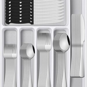 49 Pieces Silverware Sets With Organizer And Steak Knives,Stainless Steel Flatware Sets Service For 8 Person For Home Kitchen,Tableware Cutlery Sets,Includes Knife Spoon and Forks Sets