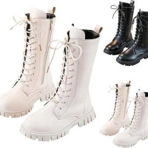Girls Lace Up Riding Boots Mid Calf Combat Boots PU Leather Side Zipper Punk Goth Boot 4-11 Years