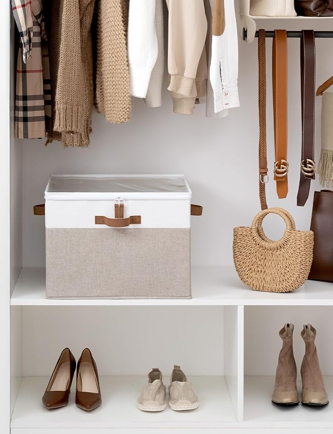 StorageWorks Shoe Organizer for Closet, Fits up to 16 Pairs, Shoe Cubby Storage Containers with Adjustable Dividers and Clear Cover, Brown & White - Image 2