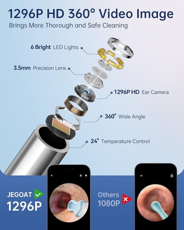 Ear Wax Removal Tool Camera, Ear Cleaner with Camera, Ear Scope, Earwax Removal Kit with Otoscope, Ear Canel Cleaning 6 LED Lights 12 Ear Pickers, 1296P HD Black - Image 3
