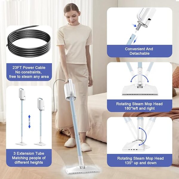Steam Cleaner, 6 in1 Rotated Steam Mop Cleaner with 2 Modes, 2 Microfiber Pads, 400ML Removable Tank, 23FT Power Cable - Image 3