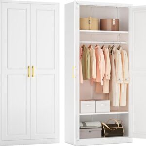Metal Armoire Wardrobe Closet with Doors and Shelves, 71" Tall Freestanding Wardrobe Cabinet for Hanging Clothes, Large Closet with Hanging Rod for Bedroom, White, Assemble Required