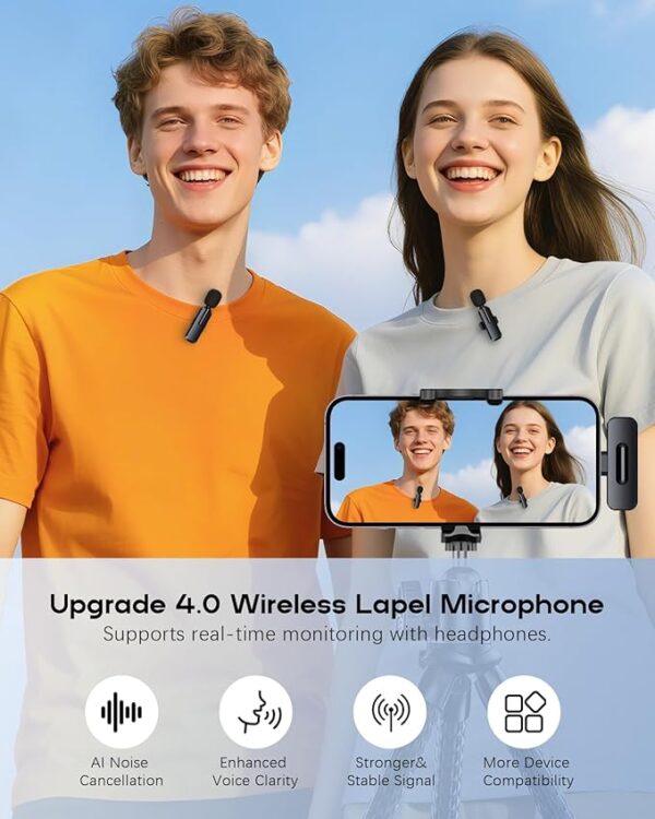 Wireless Mini Microphone for iPhone - 2 Pack Lavalier bluetooth Microphone for Video Recording, 2 In 1 Noise Reduction Lapel Mic for Ipad - Image 2