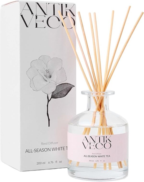 All-Season White Tea Diffuser – Home Fragrance Diffuser with 8 Rattan Sticks – Long Lasting, Fresh White Tea & Citrus Scent – Non-Toxic, Premium Air Freshener for Home or Office – 90 Days