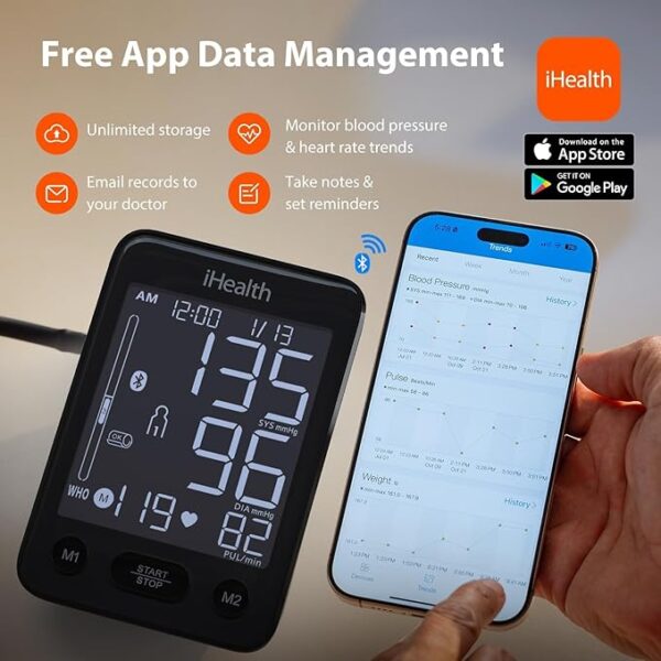 iHealth Accu Blood Pressure Monitor – 4.5" Large LCD, Clinically Accurate, Irregular Heartbeat Alert, Body & Cuff Detection, Bluetooth - Image 3