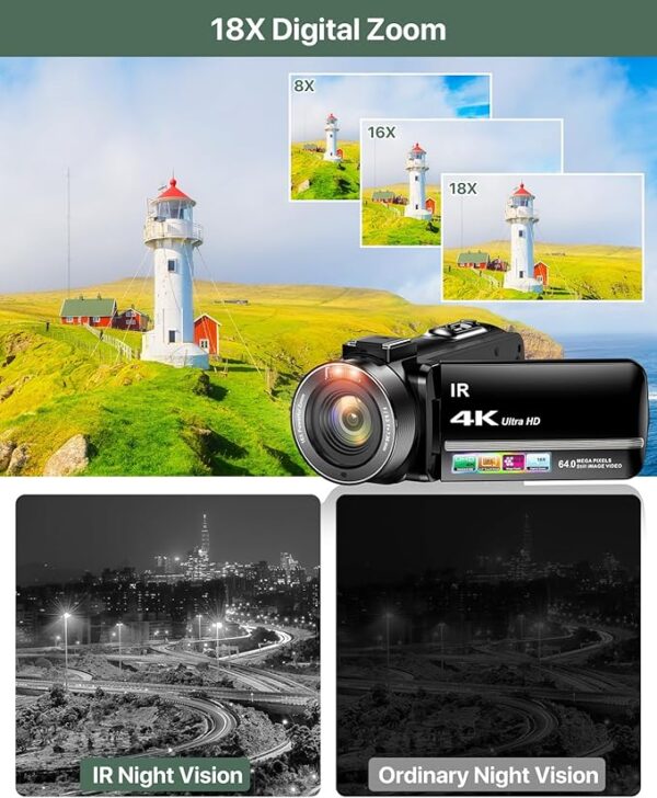 4K Video Camera Camcorder 64MP Vlogging Camera for YouTube 3.0" Touch Screen 18X Digital Zoom IR Night Vision with - Image 3