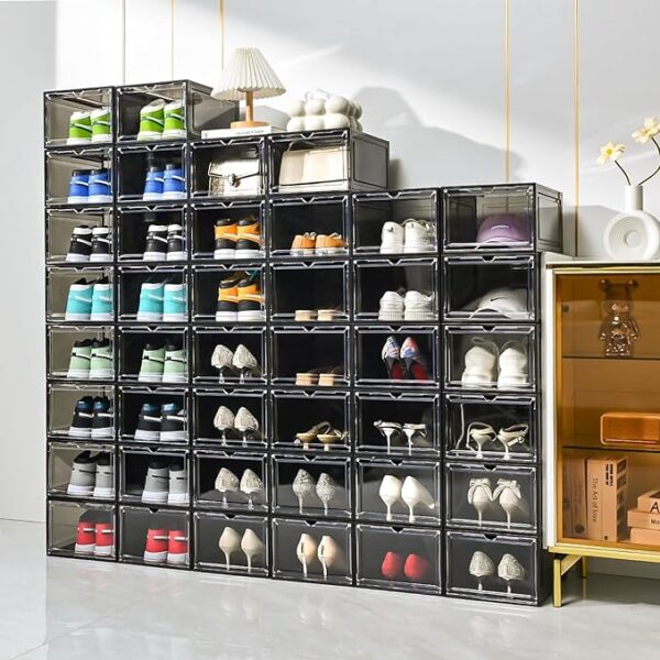 Large Shoe Boxes Clear Plastic Stackable，Drop Front Shoe Box with Clear Door, Shoe Containers For Sneaker Display,Fit up to US Size12 (black clear, 6 pack) - Image 2