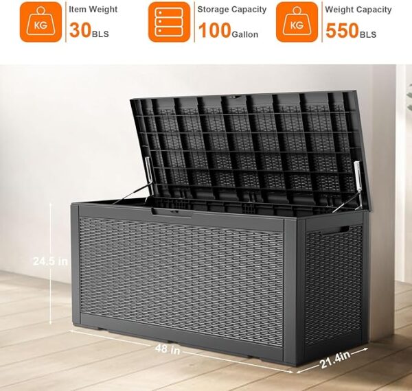 100 Gallon Resin Deck Box, Lockable Patio Outdoor Storage Box for Furniture, Garden Tools and Tools Storage, Waterproof Outside Storage Boxes - Black - Image 3