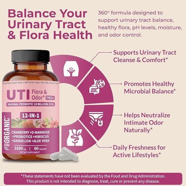 UTI Flora & Odor Pro+ for Intimate Freshness & Comfort Support with Cranberry, D-Mannose, - Image 2