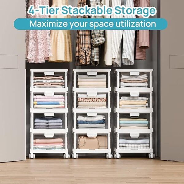 Vtopmart 4 Tier Plastic Storage Bins with Lid 24QT,Clear Stackable Closet Organizers and Storage with Wheels,Foldable Plastic Organizer Bins - Image 3