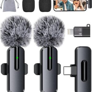 Wireless Mini Microphone for iPhone - 2 Pack Lavalier bluetooth Microphone for Video Recording, 2 In 1 Noise Reduction Lapel Mic for Ipad