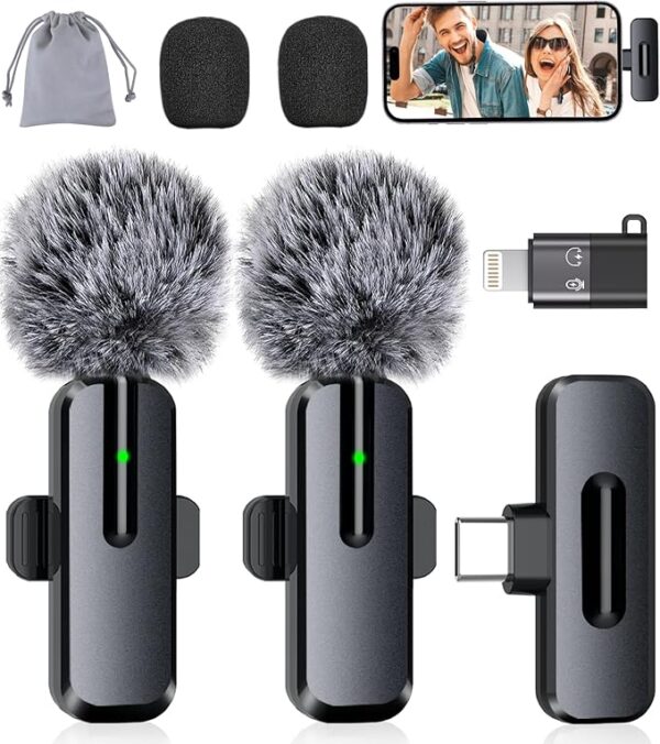 Wireless Mini Microphone for iPhone - 2 Pack Lavalier bluetooth Microphone for Video Recording, 2 In 1 Noise Reduction Lapel Mic for Ipad