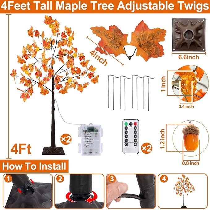 Remote Control&Timer-2 Pack 4 Ft Prelit Lighted Fall Maple Tree Thanksgiving Fall Decorations for Home, 3D Patented Pumpkin Lights Acorn 96 LEDs 8 Mode Halloween Thanksgiving Decor Porch Party Outdoor - Image 2