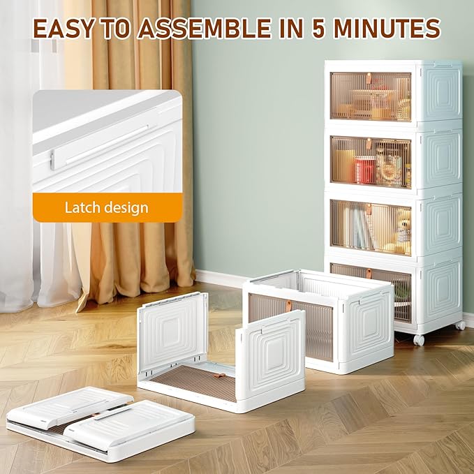 4 Tier Storage Bins with Lids, 23QT Stackable Closet Organizers and Storage with Wheels, Collapsible - Image 3