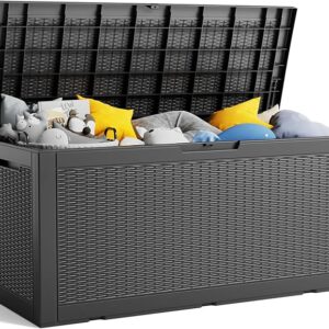 100 Gallon Resin Deck Box, Lockable Patio Outdoor Storage Box for Furniture, Garden Tools and Tools Storage, Waterproof Outside Storage Boxes - Black