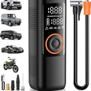 Tire Inflator Portable Air Compressor - Electric Air Pump for Car Tires with Pressure Gauge, LED Light and Auto Shut-Off Function - Cordless Tire
