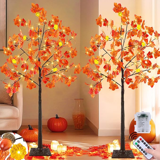 Remote Control&Timer-2 Pack 4 Ft Prelit Lighted Fall Maple Tree Thanksgiving Fall Decorations for Home, 3D Patented Pumpkin Lights Acorn 96 LEDs 8 Mode Halloween Thanksgiving Decor Porch Party Outdoor