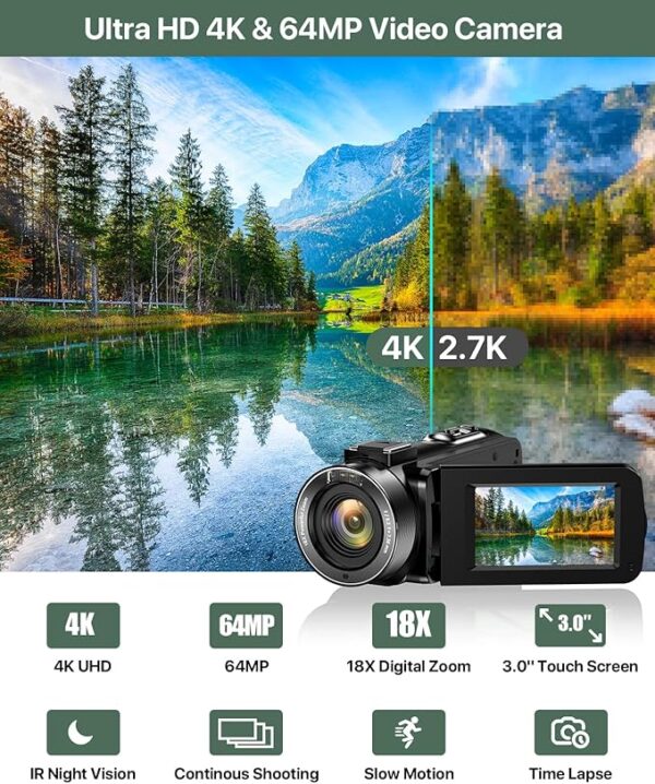 4K Video Camera Camcorder 64MP Vlogging Camera for YouTube 3.0" Touch Screen 18X Digital Zoom IR Night Vision with - Image 2