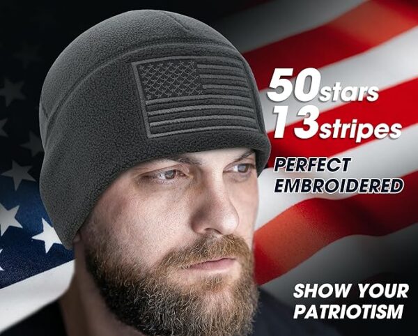 American Flag Fleece Watch Cap, Winter Warm Fleece Beanie, USA Army Military Tactical Beanie Hat, One Size, Grey - Image 2