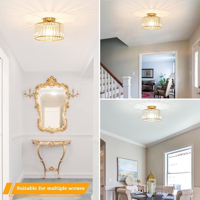 Crystal Ceiling Light Fixture, Modern Semi Flush Mount Ceiling Light, Gold Hallway Lighting Fixtures Chandelier for Kitchen, Close To Ceiling Light Fixtures for Entryway Bedroom, - Image 3