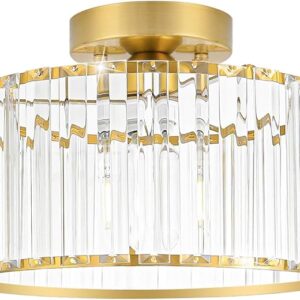 Crystal Ceiling Light Fixture, Modern Semi Flush Mount Ceiling Light, Gold Hallway Lighting Fixtures Chandelier for Kitchen, Close To Ceiling Light Fixtures for Entryway Bedroom,
