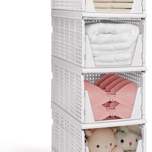 XL Stackable Plastic Storage Basket, 4 Packs closet storage bins for clothes sweater organizer for closet Folding closet organizers and storage Closet Shelf Storage Container for Cupboard Bedroom 4XL
